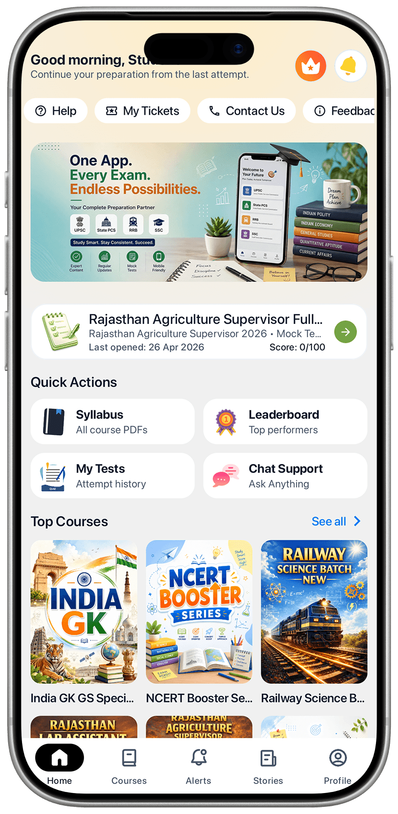 GoodStudy Android app preview showing course dashboard with Math, Science and English lessons